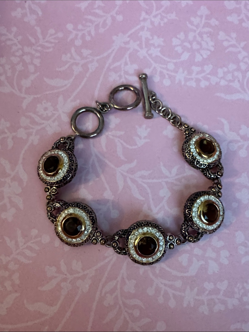 Vintage Silver Tone Bracelet With Brown Gemstone Accents Fits Larger Wrist